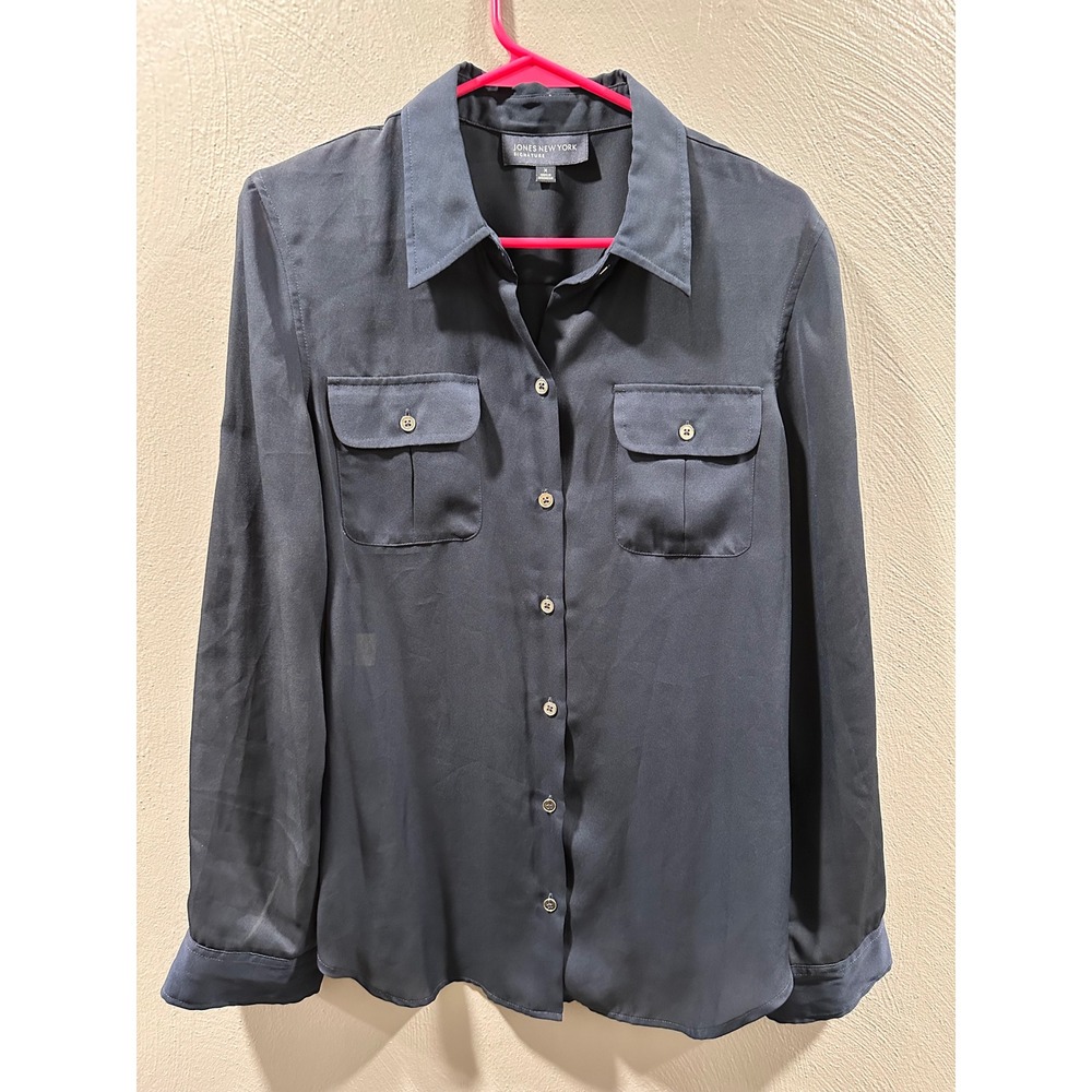 Jones New York Signature Navy Blue Button Up Blouse Utility Pockets Medium